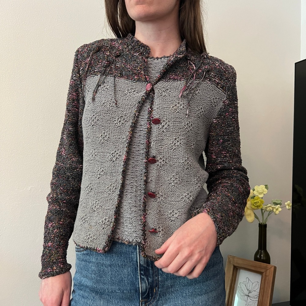 Y2K Womens 2 Piece Knit Tank Cardigan Set Grey Purple Boho Grunge Mixed Knit
